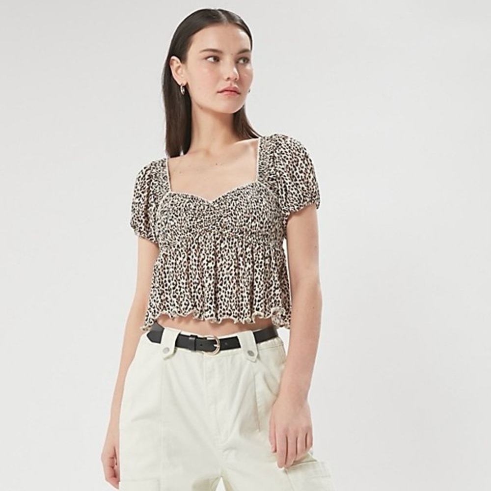 Urban Outfitters Angelo Smocked Bodice Leopard Print Crop Top